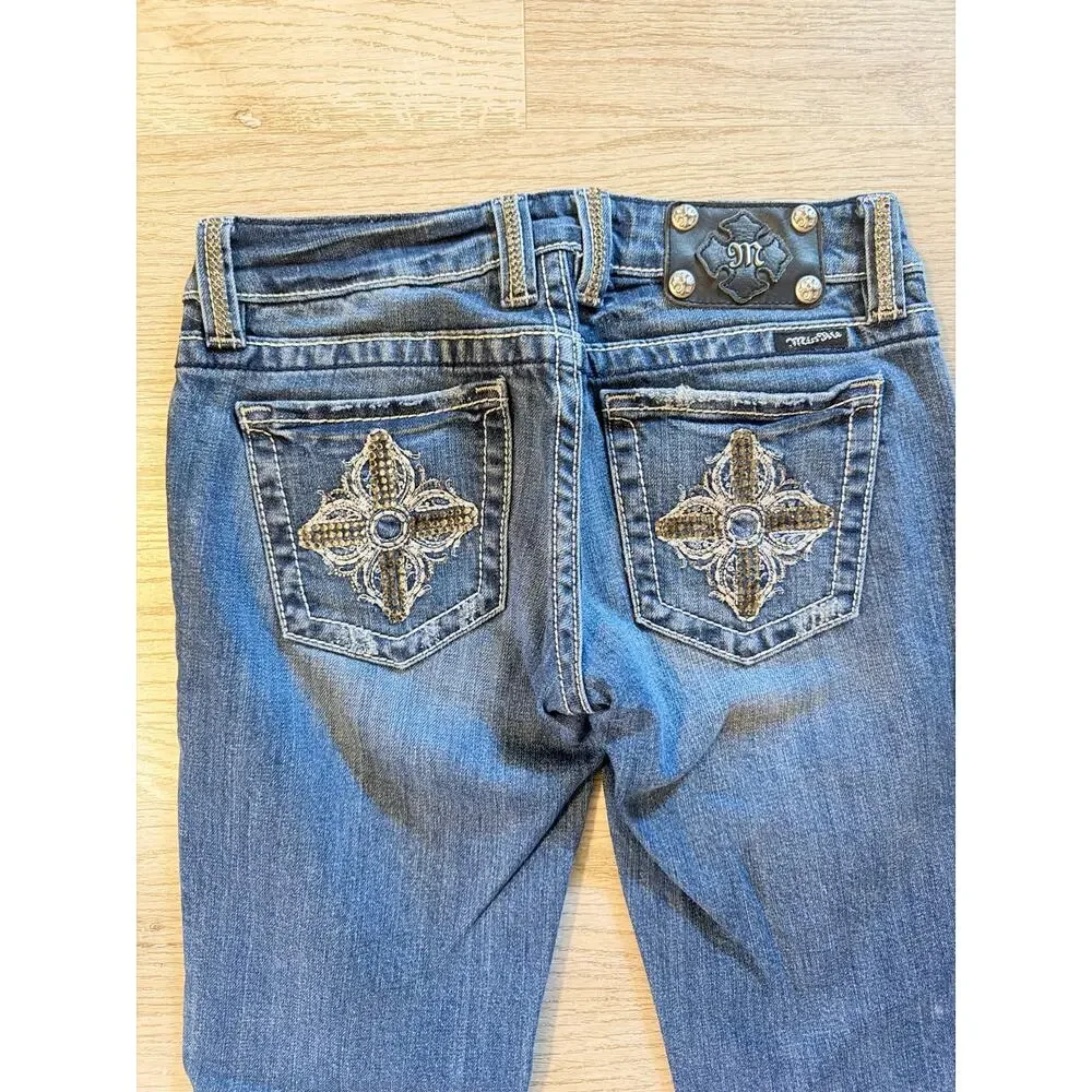 Miss Me Size 27 Bootcut Jeans Embellished Fleur De Lis Rhinestone Pockets Y2K